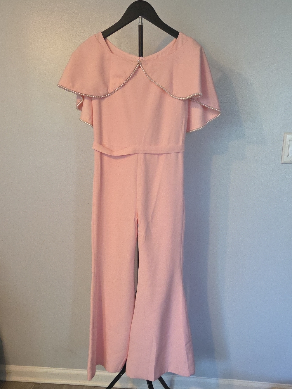 Pink Wide-Leg Jumpsuit with Pearl-Trim Cape - Pageant